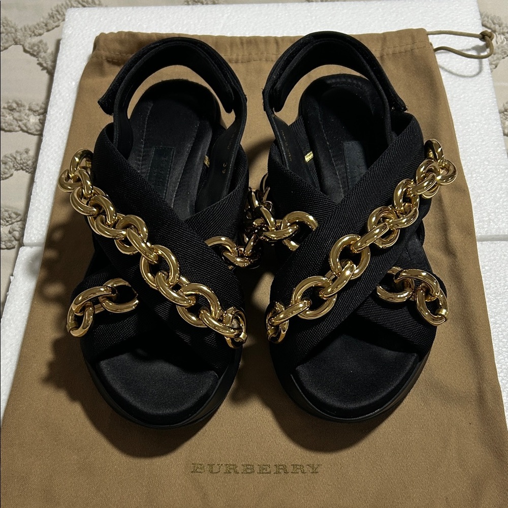 Burberry Black Sandals with Gold Chain Accent